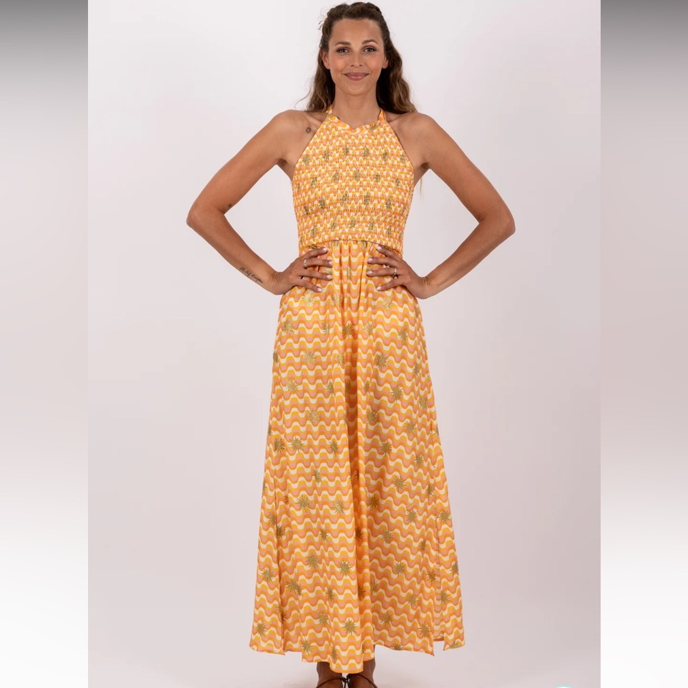 REVOLVE x Sundress Luce Arizona Metallic Sun Halter Maxi‎ Dress Sz M/L
